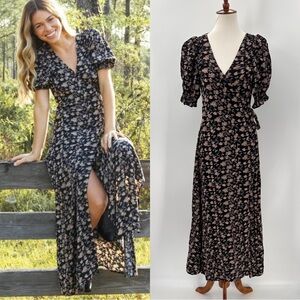 NATURAL LIFE Sophia Wrap Midi Dress Tan Grey Leaf Small